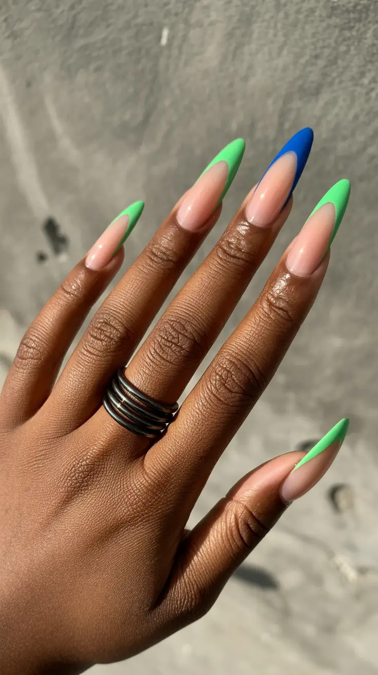 summer nail colors ideas 2026 for dark skin Fresh Color-Blocked French in Lime and Cobalt