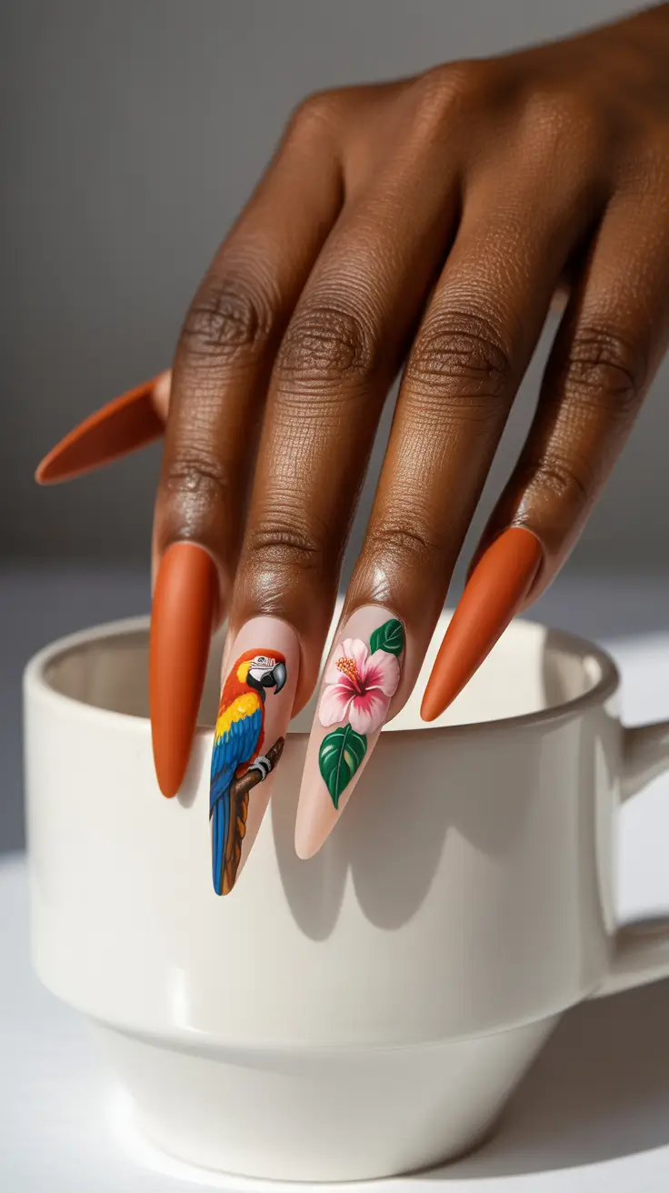 summer nail colors ideas 2026 for dark skin Burnt Orange Tropical Storytelling Nails