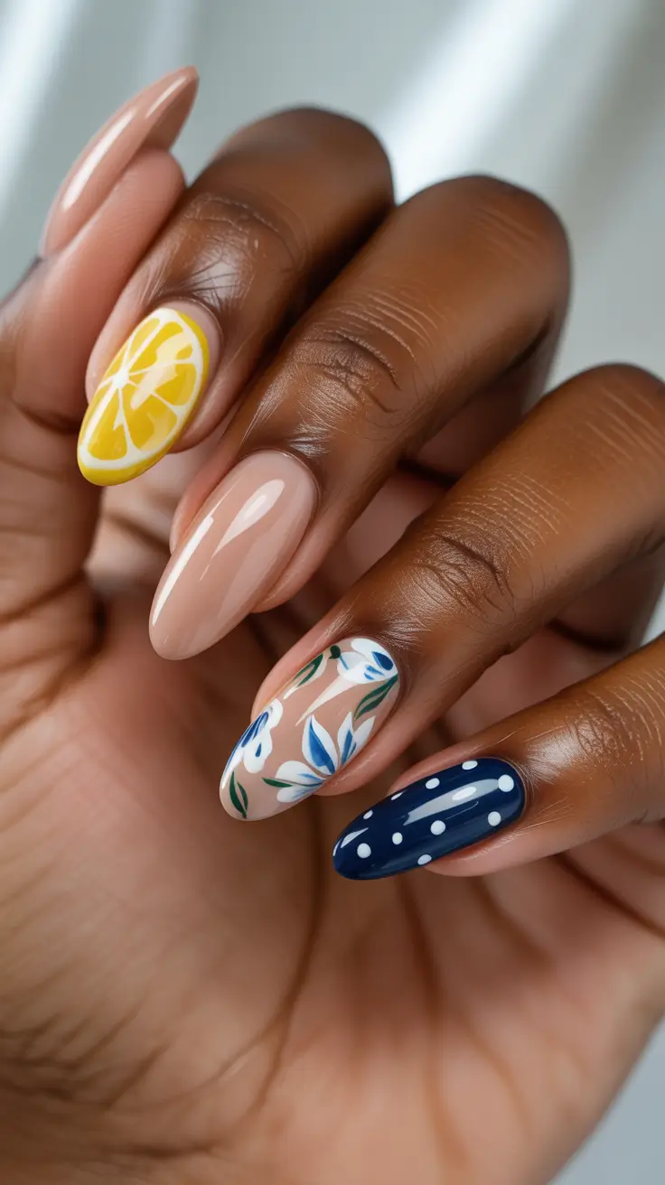 summer nail colors ideas 2026 for dark skin Playful Mixed Motifs with Citrus Pop and Navy Dots