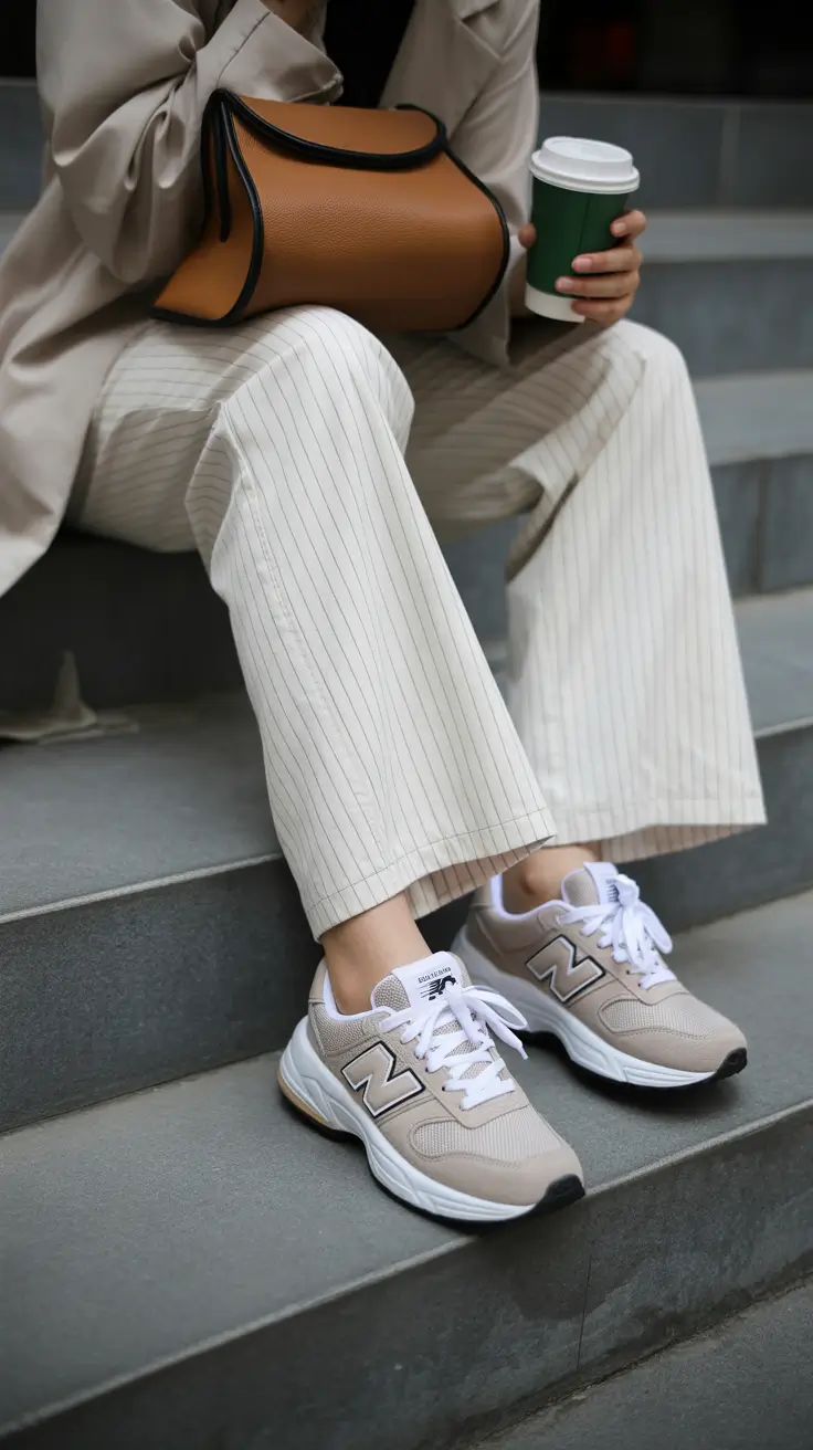 summer outfits with sneakers for women 2026 Beige sneakers business casual outfit