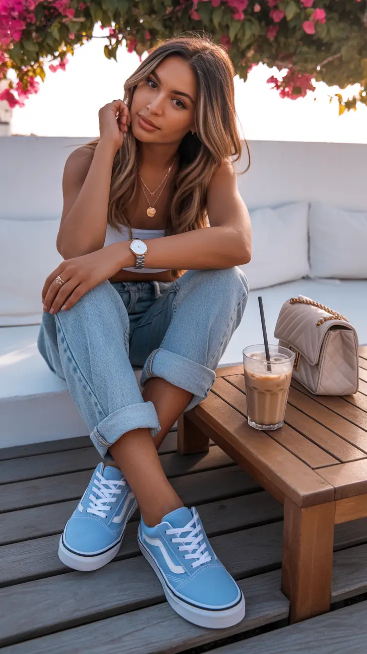 summer outfits with sneakers for women 2026 Light blue sneakers golden hour casual look