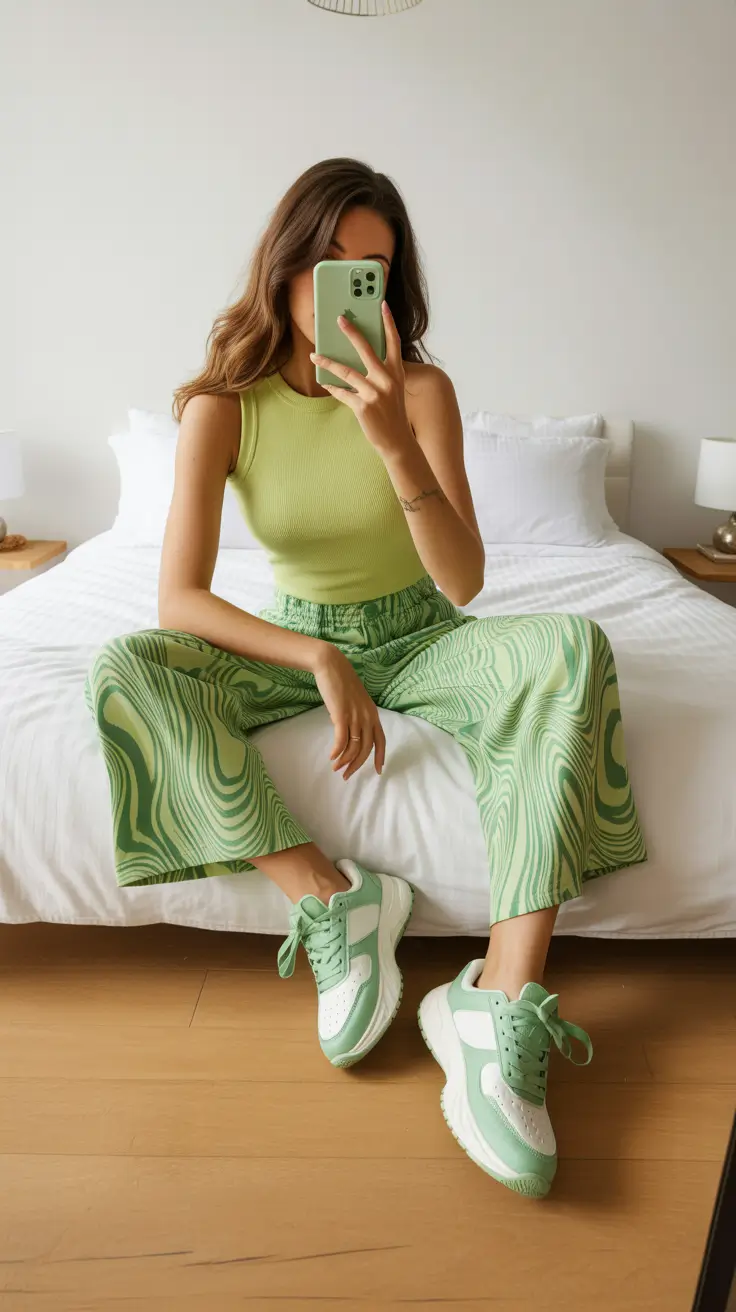 summer outfits with sneakers for women 2026 Green monochrome casual outfit