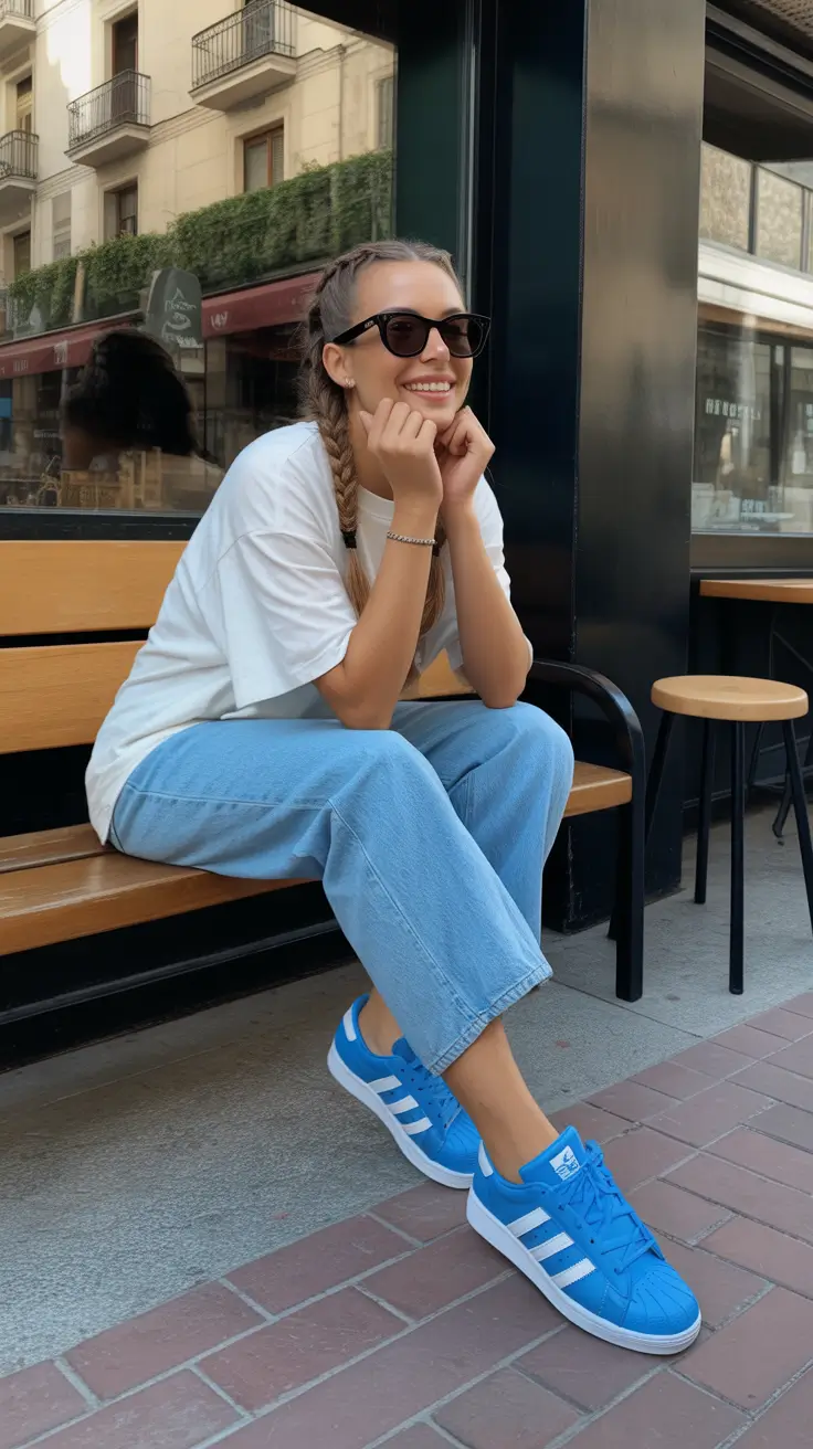 summer outfits with sneakers for women 2026 Casual light blue sneakers outfit