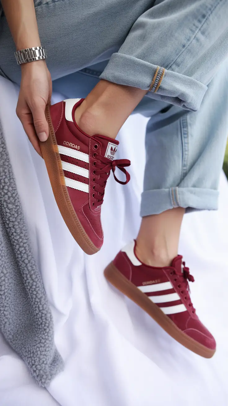 summer outfits with sneakers for women 2026 Burgundy sneakers casual jeans outfit