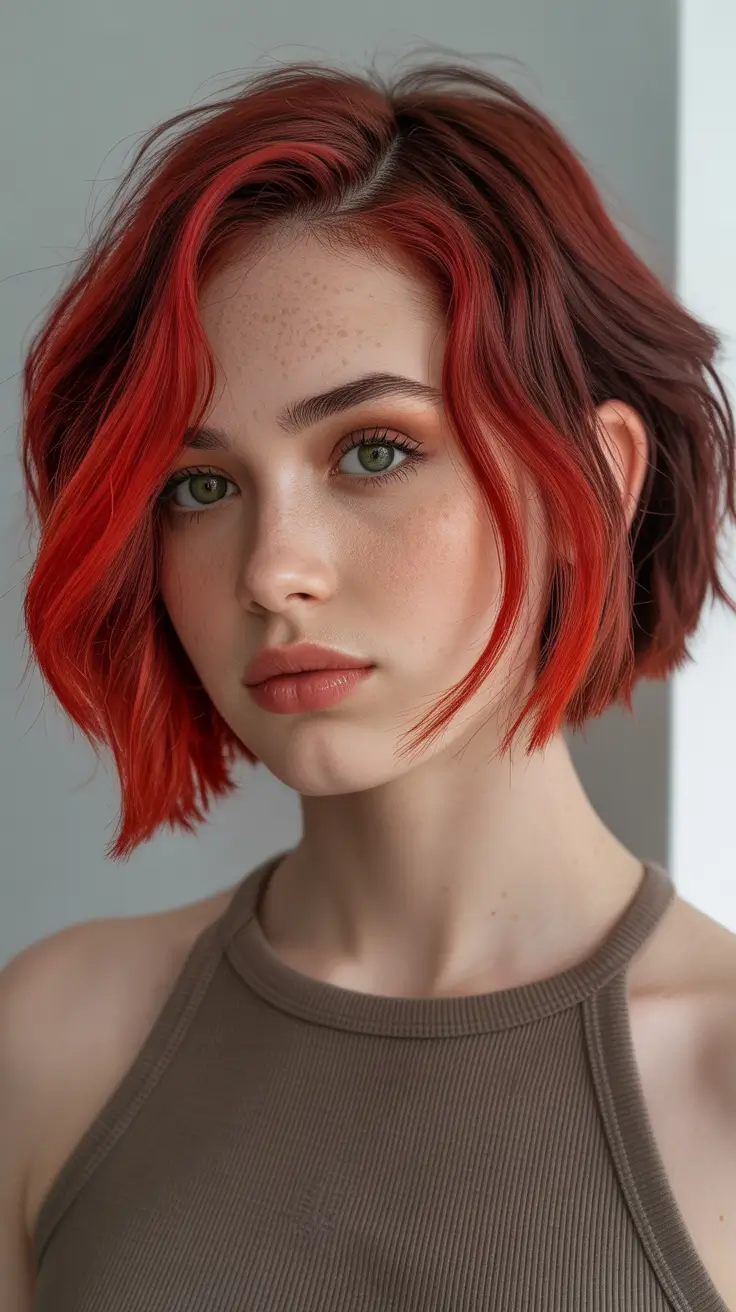 summer short haircut ideas 2026 Choppy Layered Bob with Vibrant Red Dimension