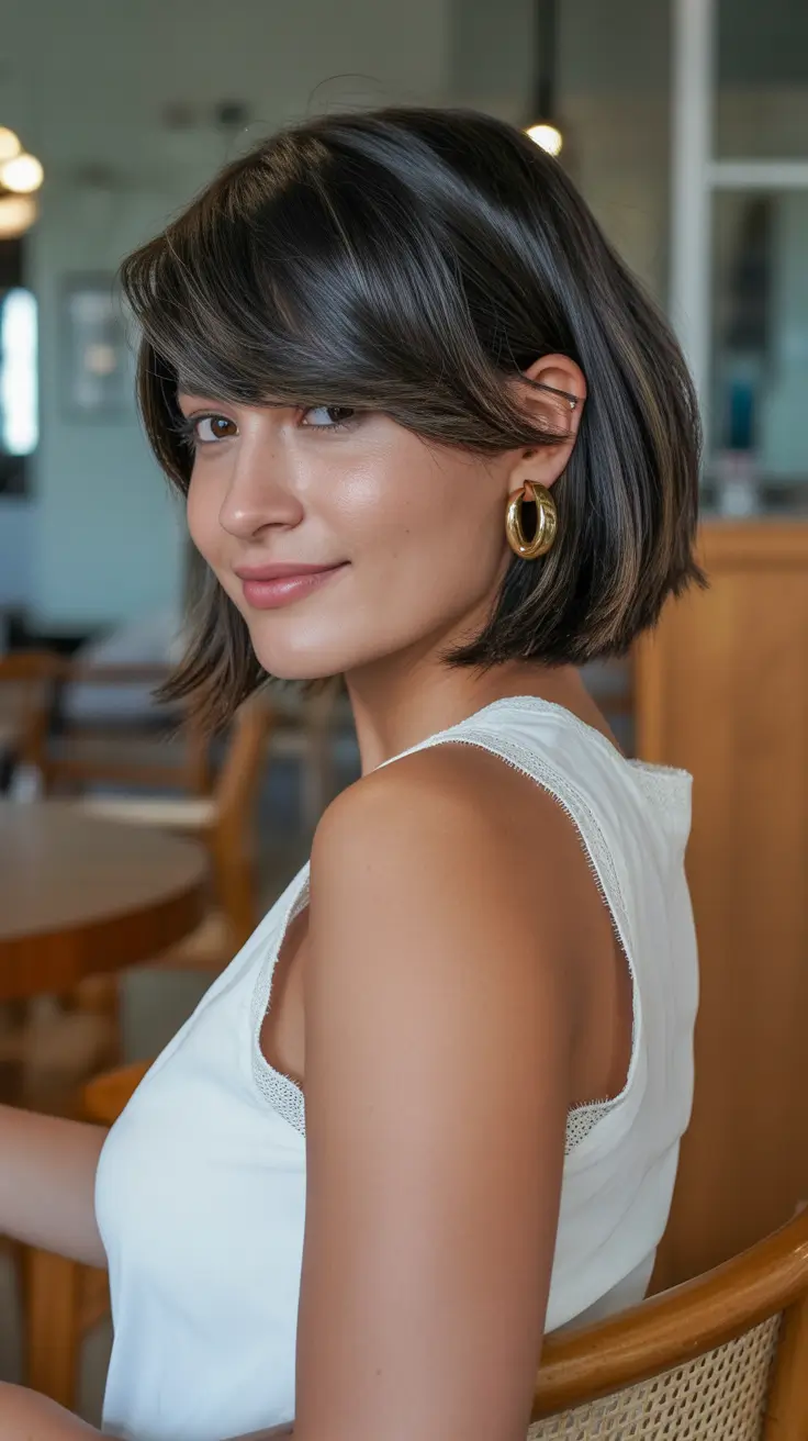 summer short haircut ideas 2026 Feathered Brunette Bob with Side-Swept Bangs