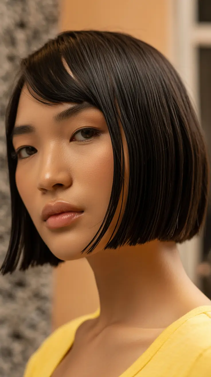 summer short haircut ideas 2026 Precision Glass Bob with Side Detail