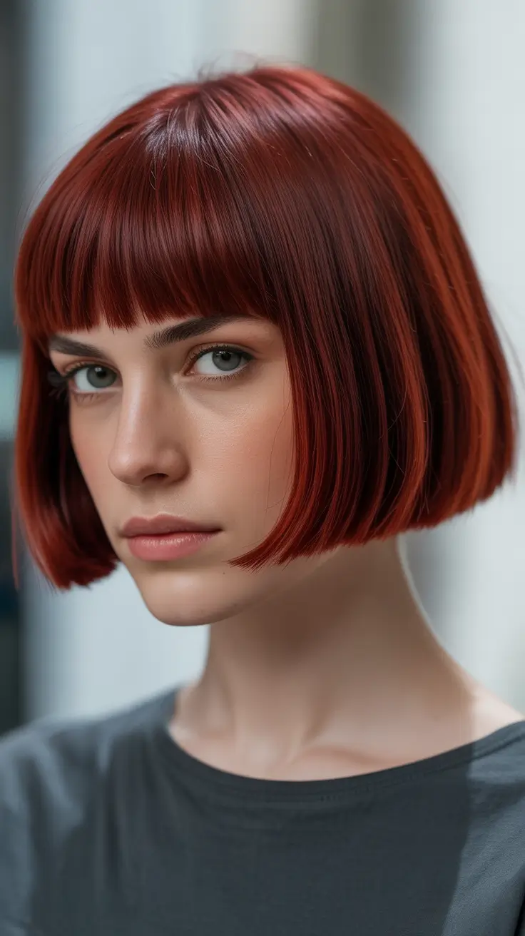 summer short haircut ideas 2026 Sharp Cherry Red Bob with Micro Fringe