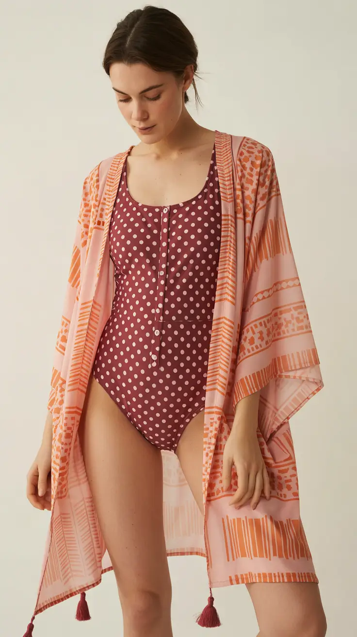 swimsuit coverups outfit 2026 Polka Dot One-Piece Warmth with Relaxed Peach Kimono Flow