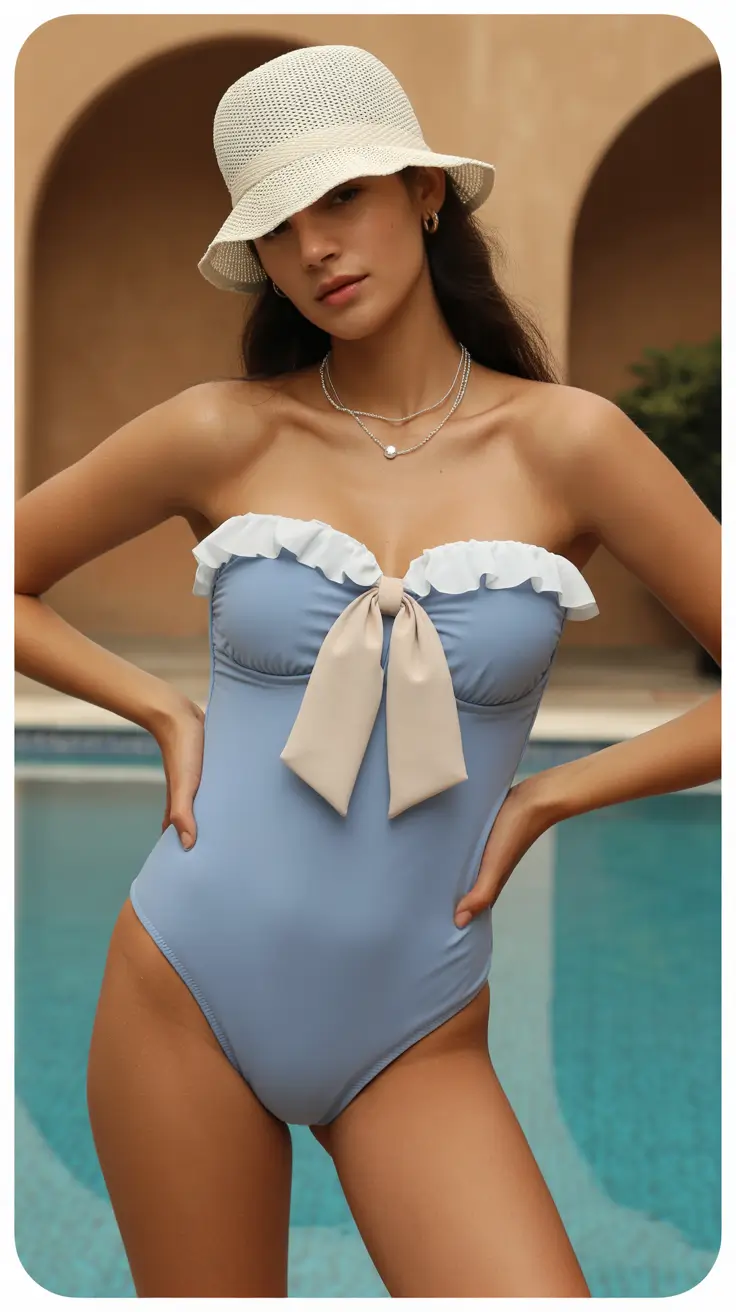 swimsuit for pool party 2026 Powder Blue Bow One-Piece for Chic White Pool Moments
