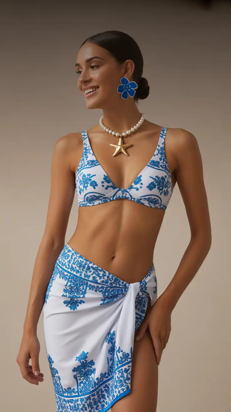 swimsuit with skirt 2026 Blue Porcelain Print & Elegant Coastal Femininity