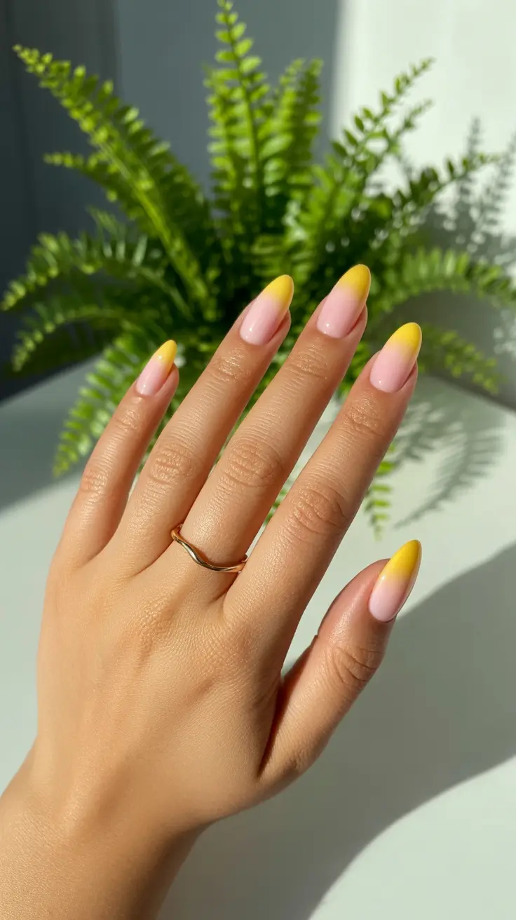 unique spring oval nails 2026 Sun-Kissed Lemon Gradient for Playful Energy