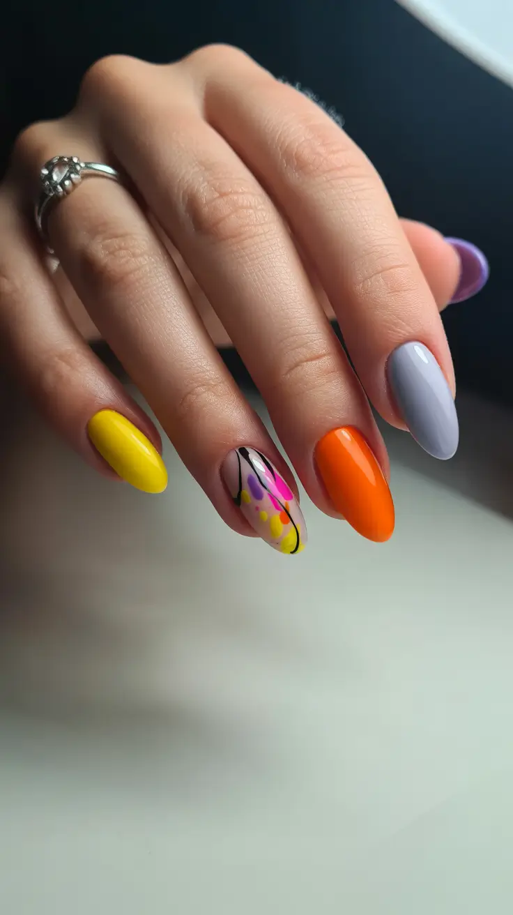 unique spring oval nails 2026 Color Pop Abstract Mix on Modern Oval Tips