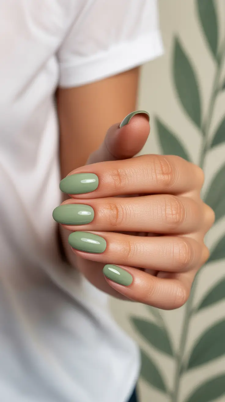 unique spring oval nails 2026 Sage Green Gloss Oval for Calm Spring Minimalism