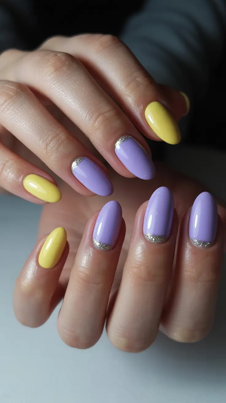 unique spring oval nails 2026 Lavender and Lemon Reverse French Play