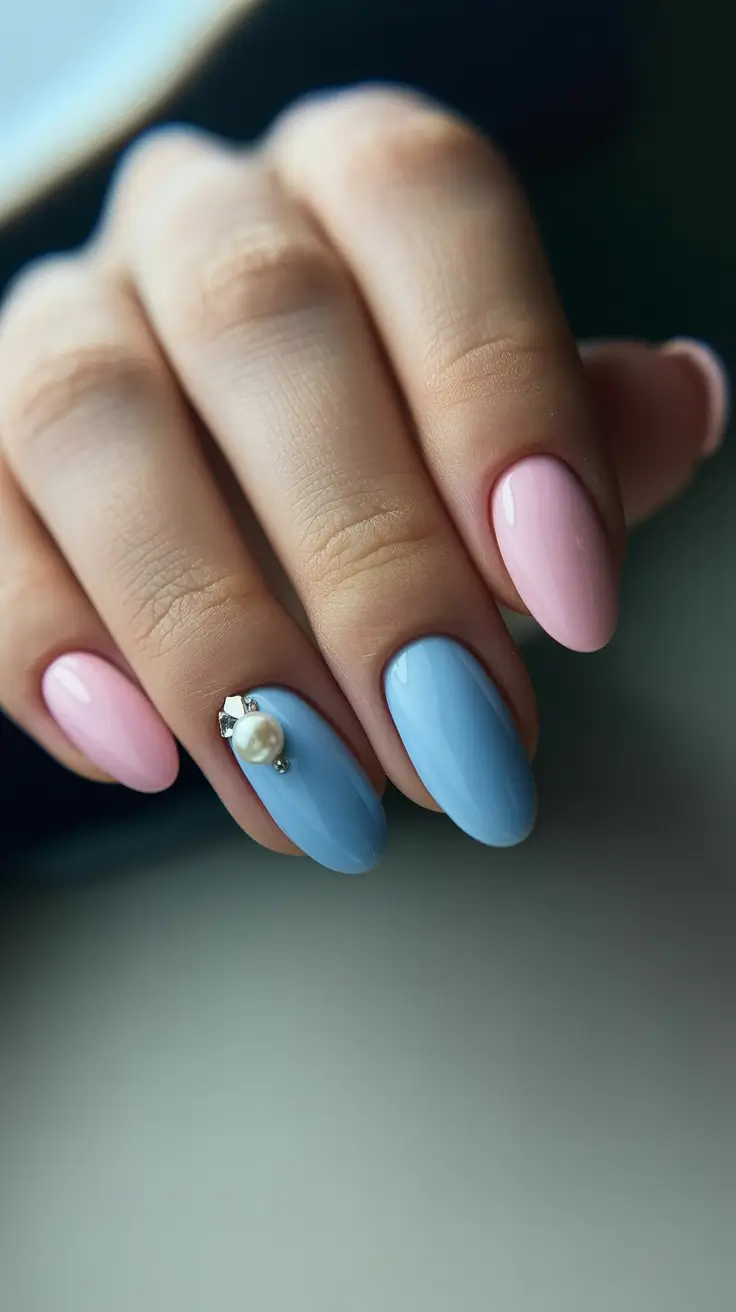 unique spring oval nails 2026 Baby Blue and Blush Accent with Pearl Detail