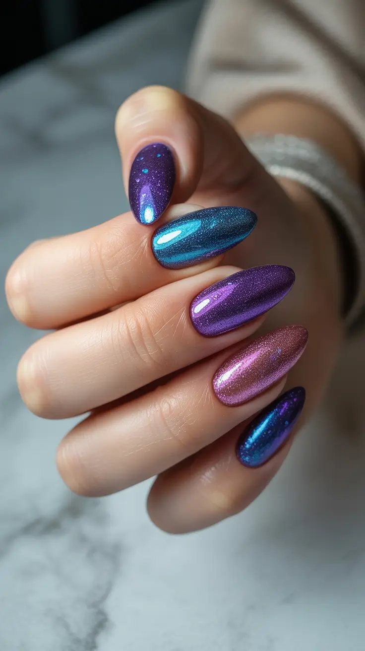 unique spring oval nails 2026 Galaxy Chrome Oval in Jewel-Tone Shimmer