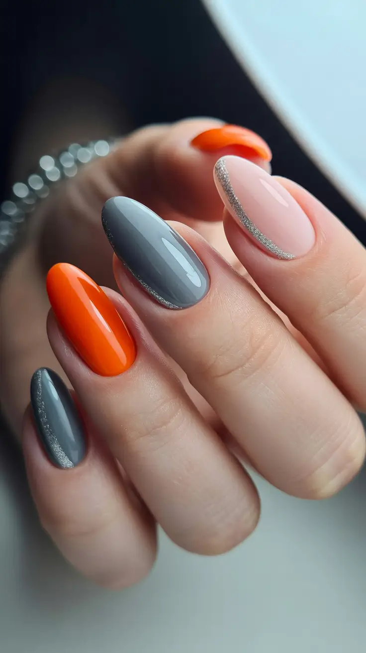 unique spring oval nails 2026 Citrus Grey Contrast with Metallic Edge Detail