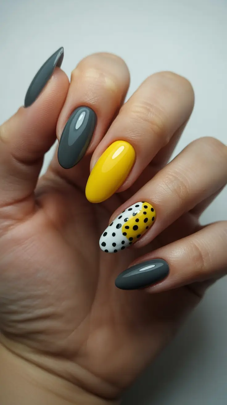 unique spring oval nails 2026 Mustard Pop and Polka Dot Accent Oval