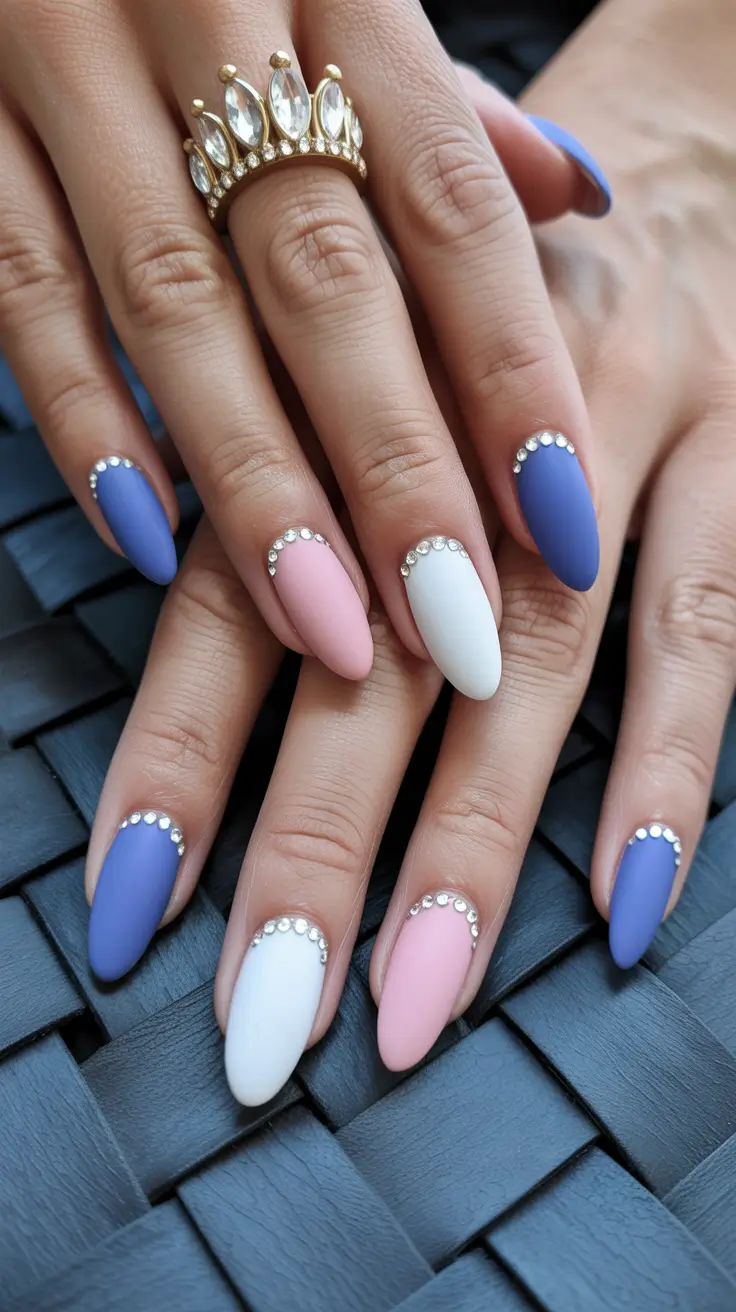unique spring oval nails 2026 Pastel Crown French with Crystal Embellishments