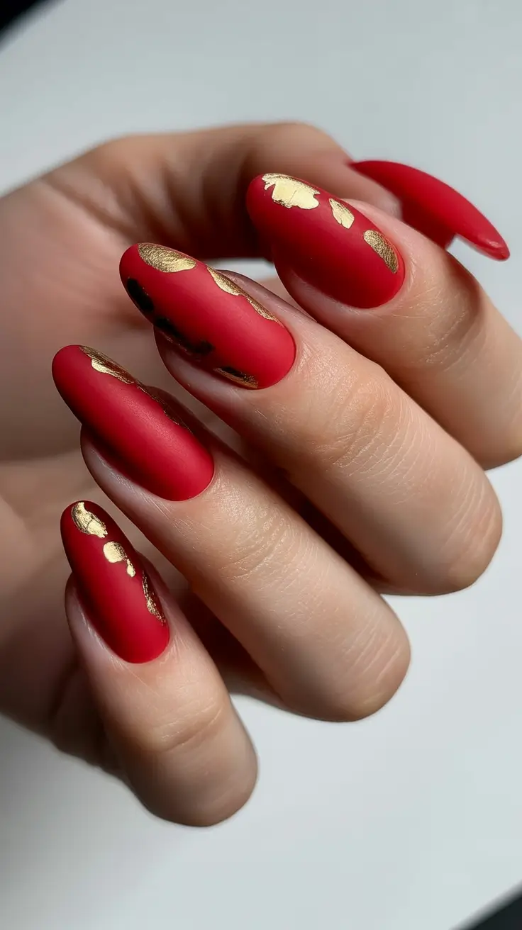 unique spring oval nails 2026 Matte Scarlet Oval with Gilded Drama