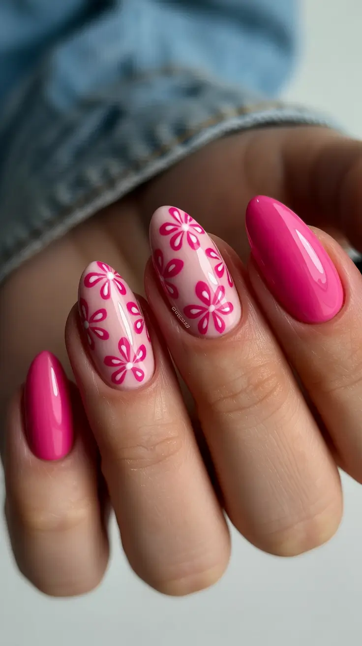 unique spring oval nails 2026 Bubblegum Floral Accent on Glossy Pink Oval