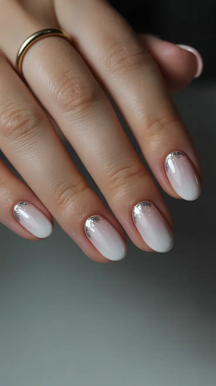 unique spring oval nails 2026 Milky White Chrome Tips with Subtle Sparkle