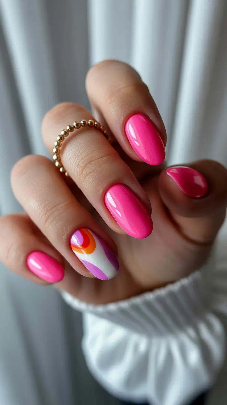 unique spring oval nails 2026 Retro Candy Swirls on Glossy Pink Oval