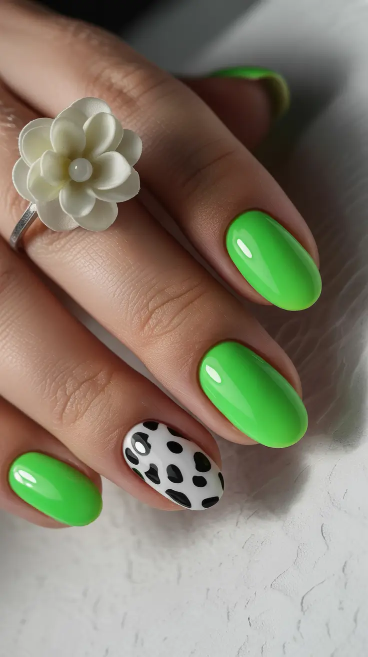unique spring oval nails 2026 Electric Lime Oval with Playful Cow Print Accent