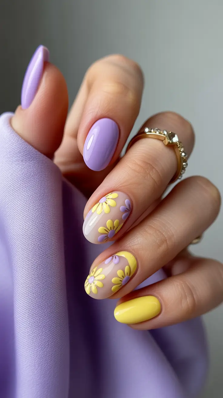 unique spring oval nails 2026 Lavender and Buttercup Floral Garden Oval