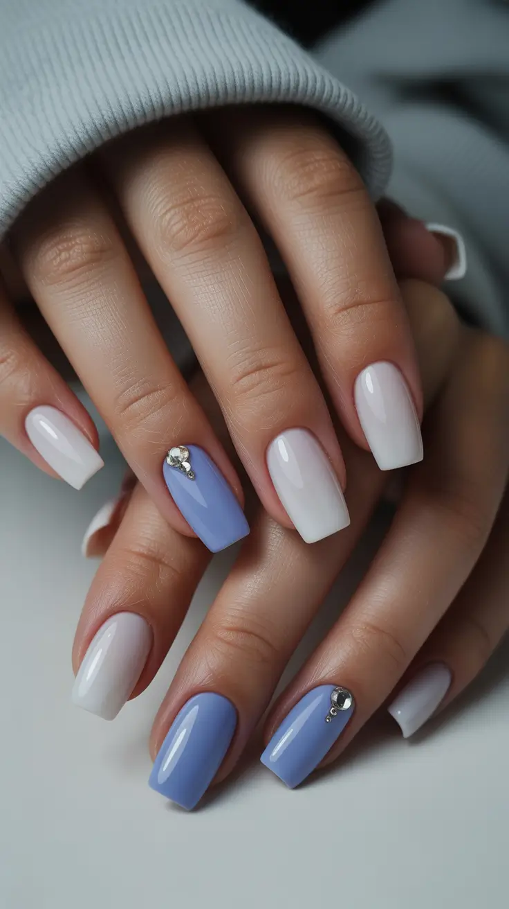 vintage spring gel nails fashion 2026 Soft Blue and Cream Square Nails with Delicate Vintage Crystal Accent