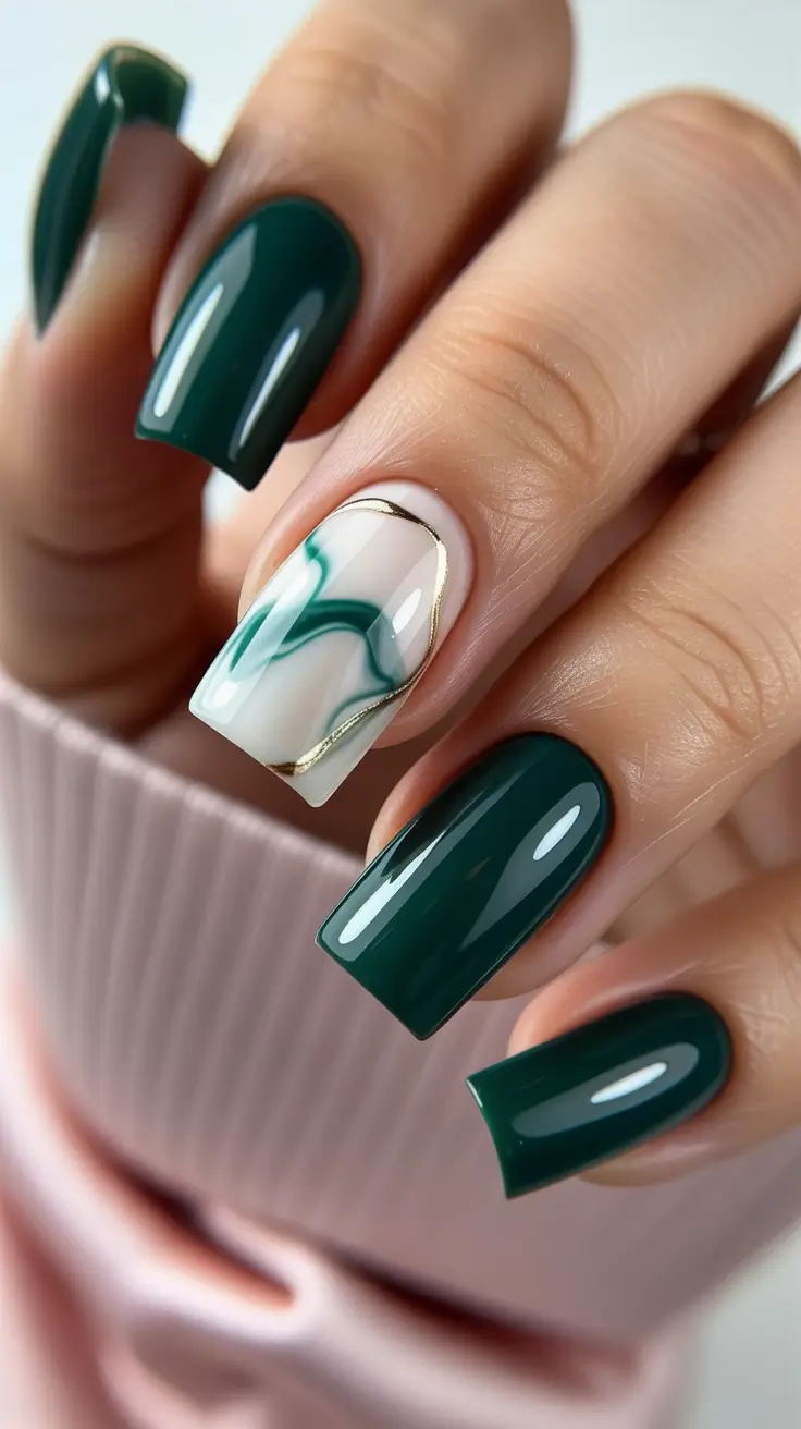 vintage spring gel nails fashion 2026 Emerald Green Marble Nails with Gold Vintage Detailing