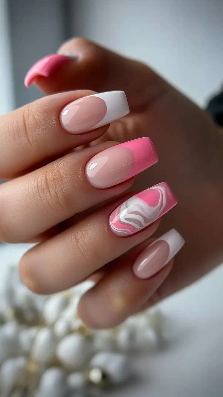 vintage spring gel nails fashion 2026 Pink Gradient Square Nails with Swirled Accent Art