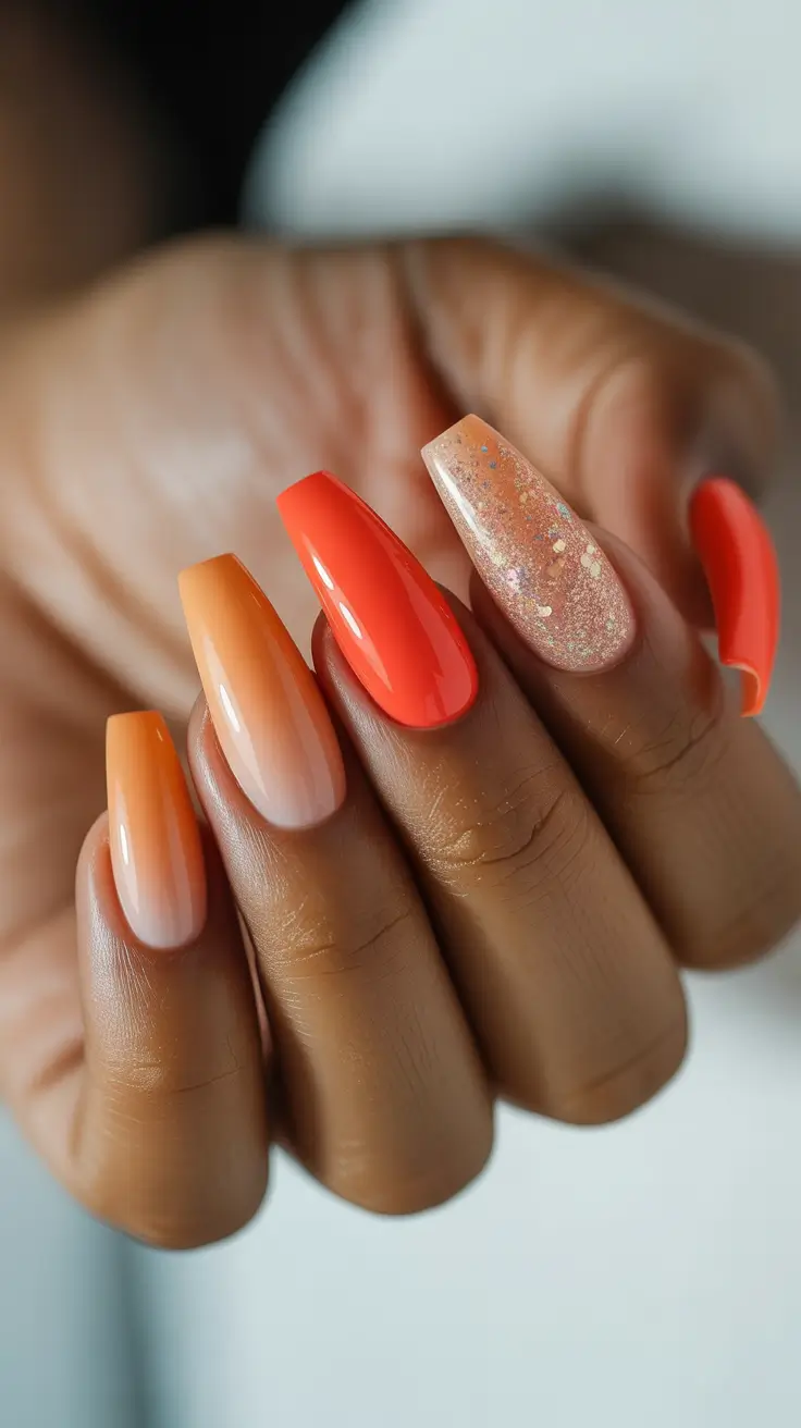 vintage spring gel nails fashion 2026 Warm Sunset Ombre Gel Nails with Sparkling Vintage Accent