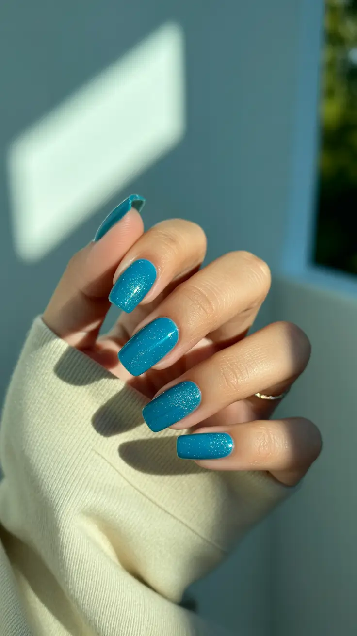 vintage spring gel nails fashion 2026 Turquoise Sparkle Square Nails That Capture Sunny Spring Energy