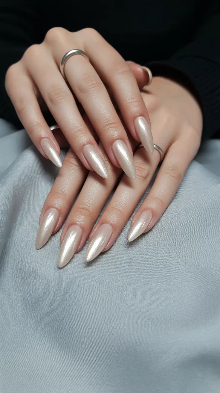 vintage spring gel nails fashion 2026 Pearl Chrome Almond Nails for Elegant Vintage Glam