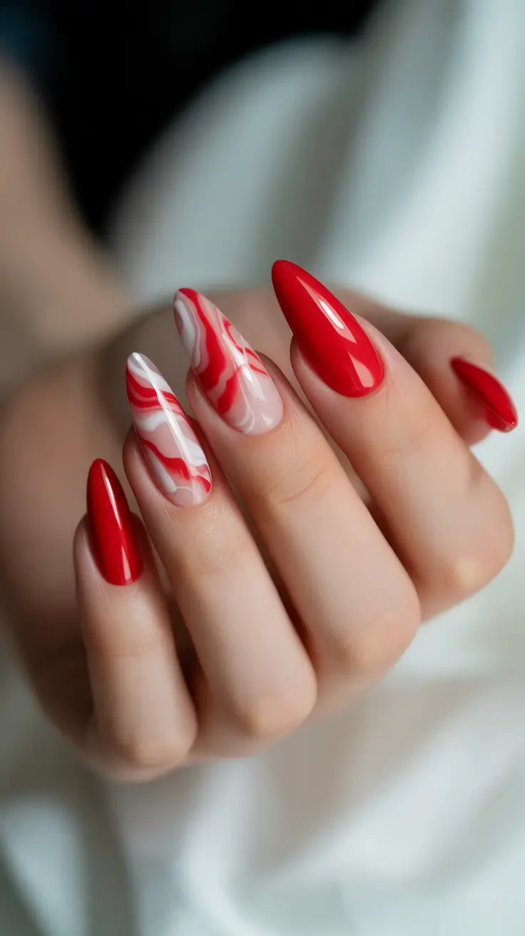 vintage spring gel nails fashion 2026 Bold Red Almond Nails with Marble Accent Art
