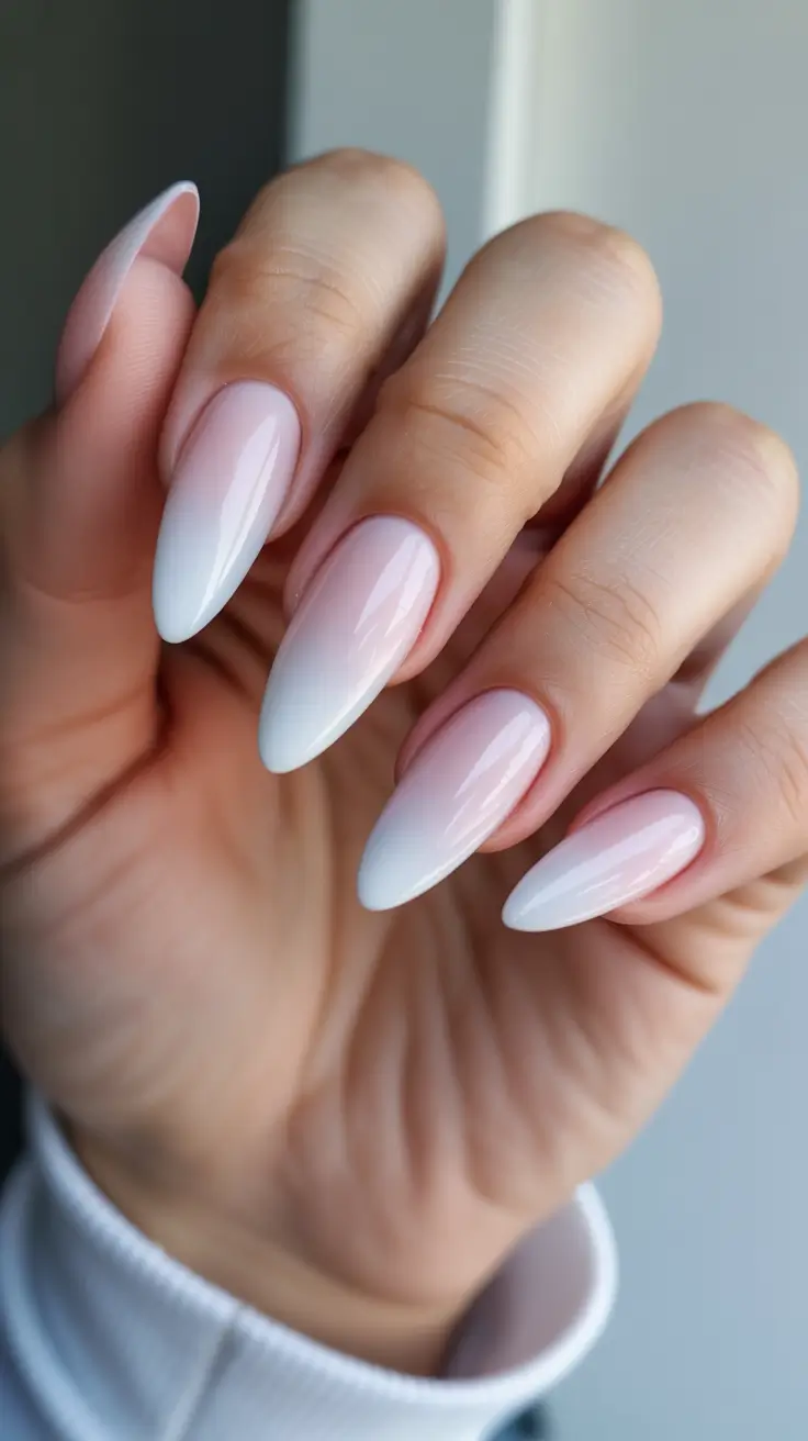 vintage spring gel nails fashion 2026 Soft Pink to Blue Gradient Almond Nails with Vintage Spring Glow