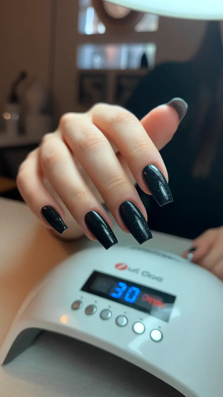 vintage spring gel nails fashion 2026 Midnight Sparkle Short Square Nails for Elegant Evening Energy