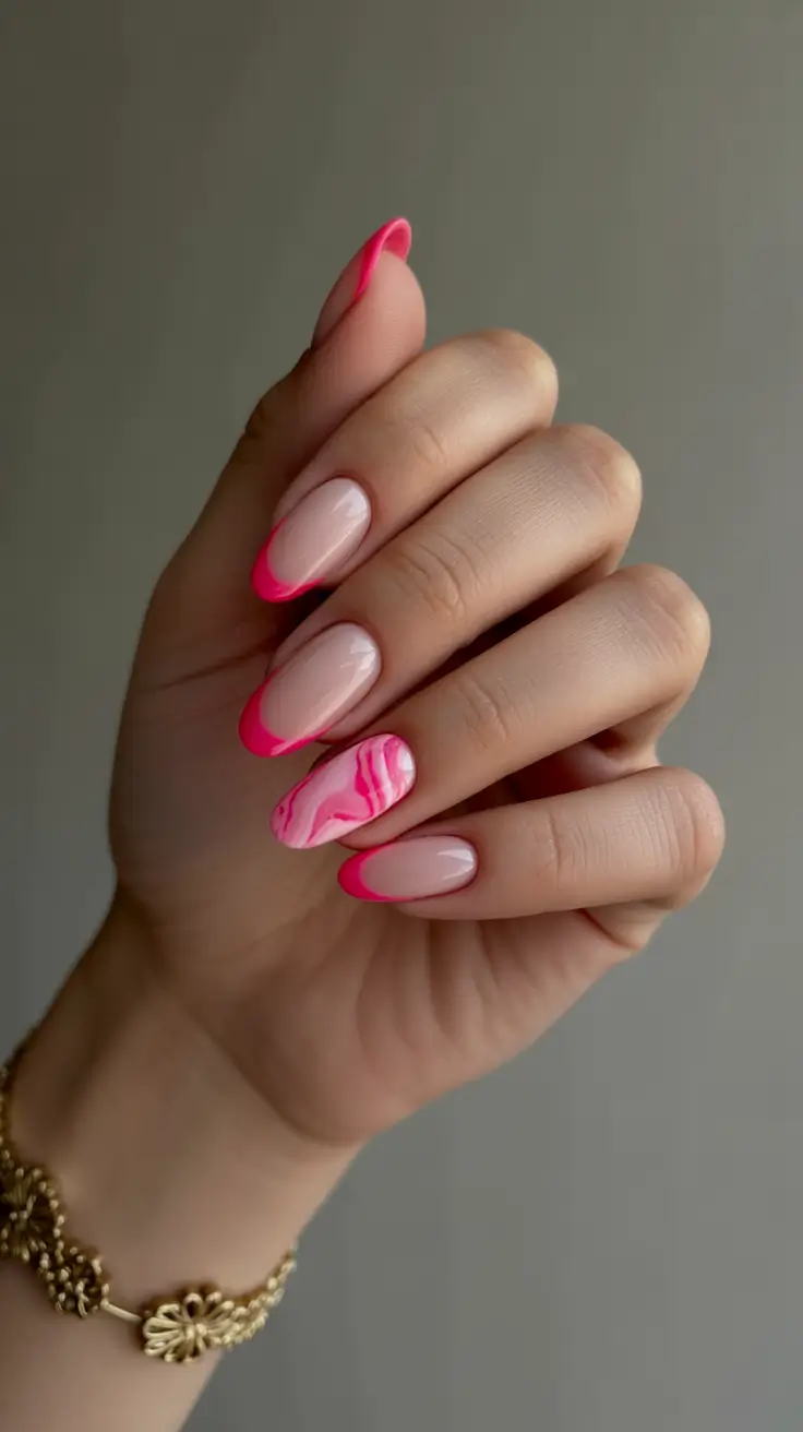 vintage spring gel nails fashion 2026 Playful Pink French Tips with Marble Accent Art