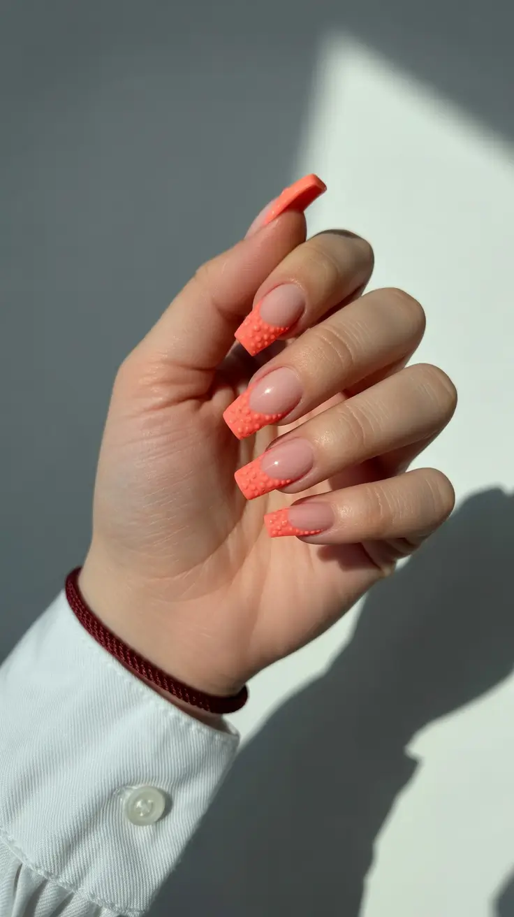 vintage spring gel nails fashion 2026 Textured Coral French Square Nails with Retro Charm
