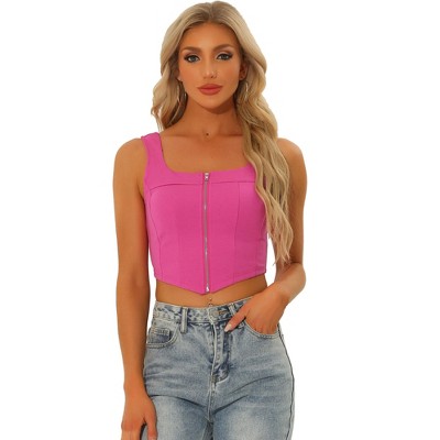 Inspire Chic Women's Square Neck Asymmetrical Hem Zip Front Crop Tank Top