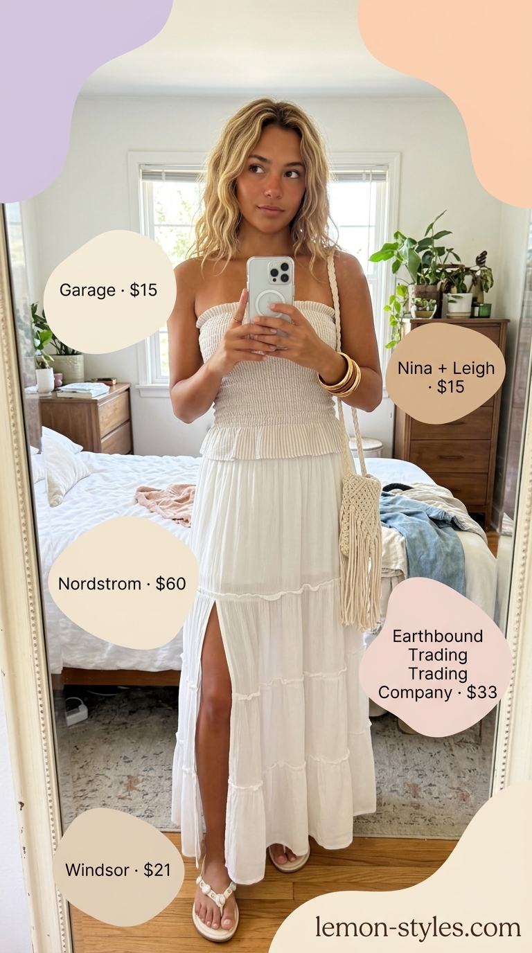 Bohemian beach outfit: ecru tiered maxi skirt, smocked tube top, gold bangles, macrame bag. All white summer outfits for women 2026.
