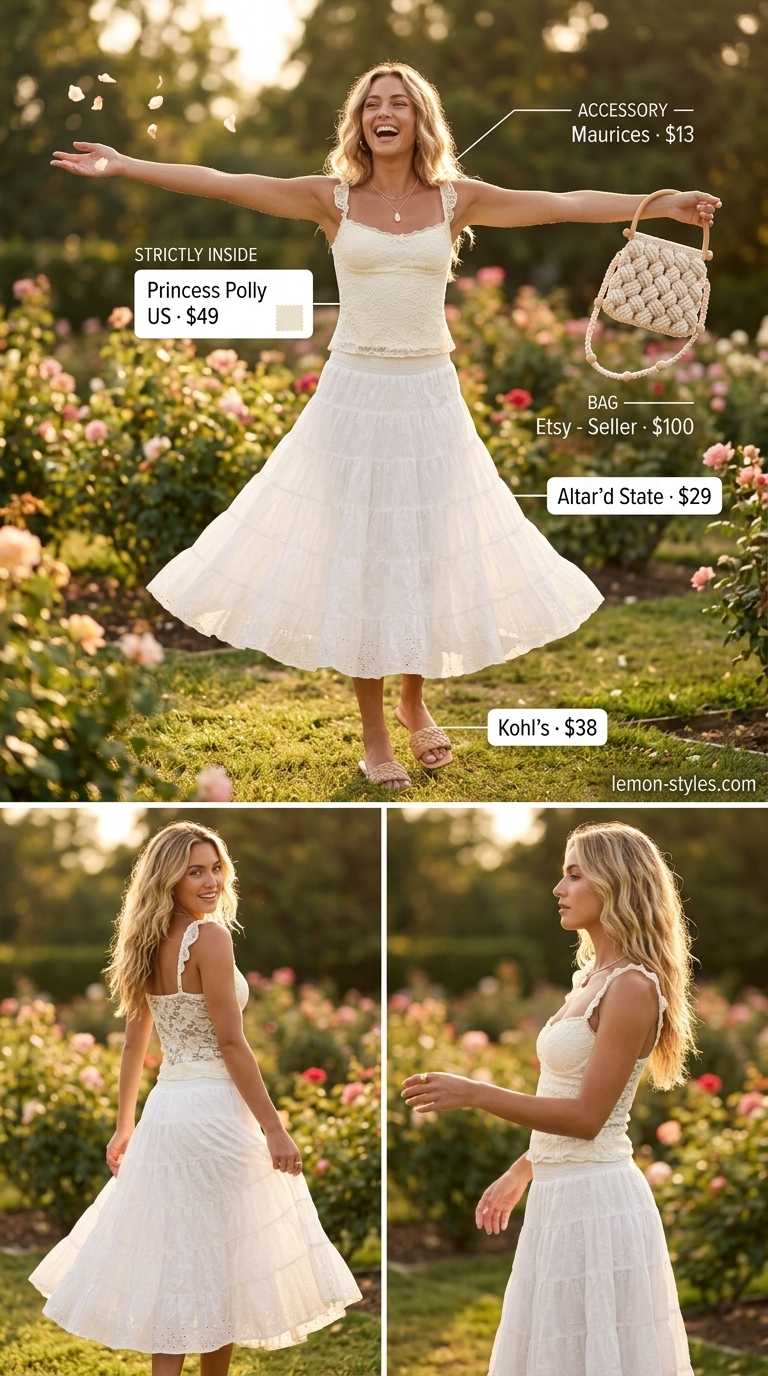 Boho garden outfit: ecru tiered midi skirt, lace crop top, leather slides, macrame bag. All white summer outfits for women 2026.