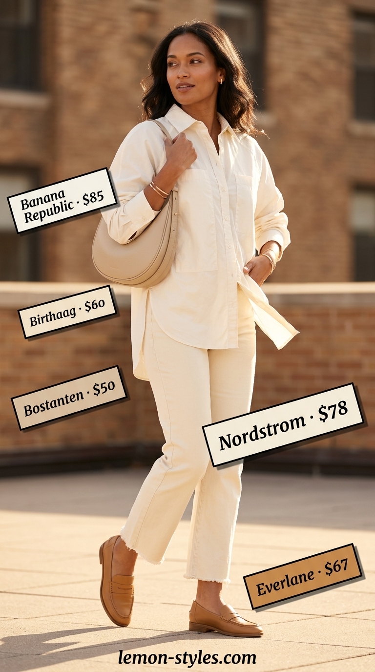 Effortless all white summer outfits for women 2026: Cream denim jeans with an oversized white shirt and tan loafers.