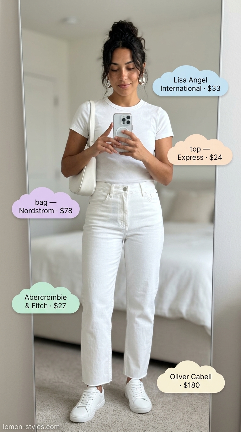 Casual all white summer outfits for women 2026: White denim jeans with a fitted tee and white leather sneakers.