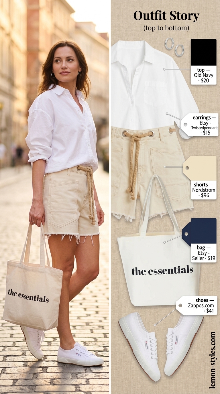 Urban summer outfit: white denim shorts, crisp shirt, canvas sneakers, tote bag. All white summer outfits for women 2026.