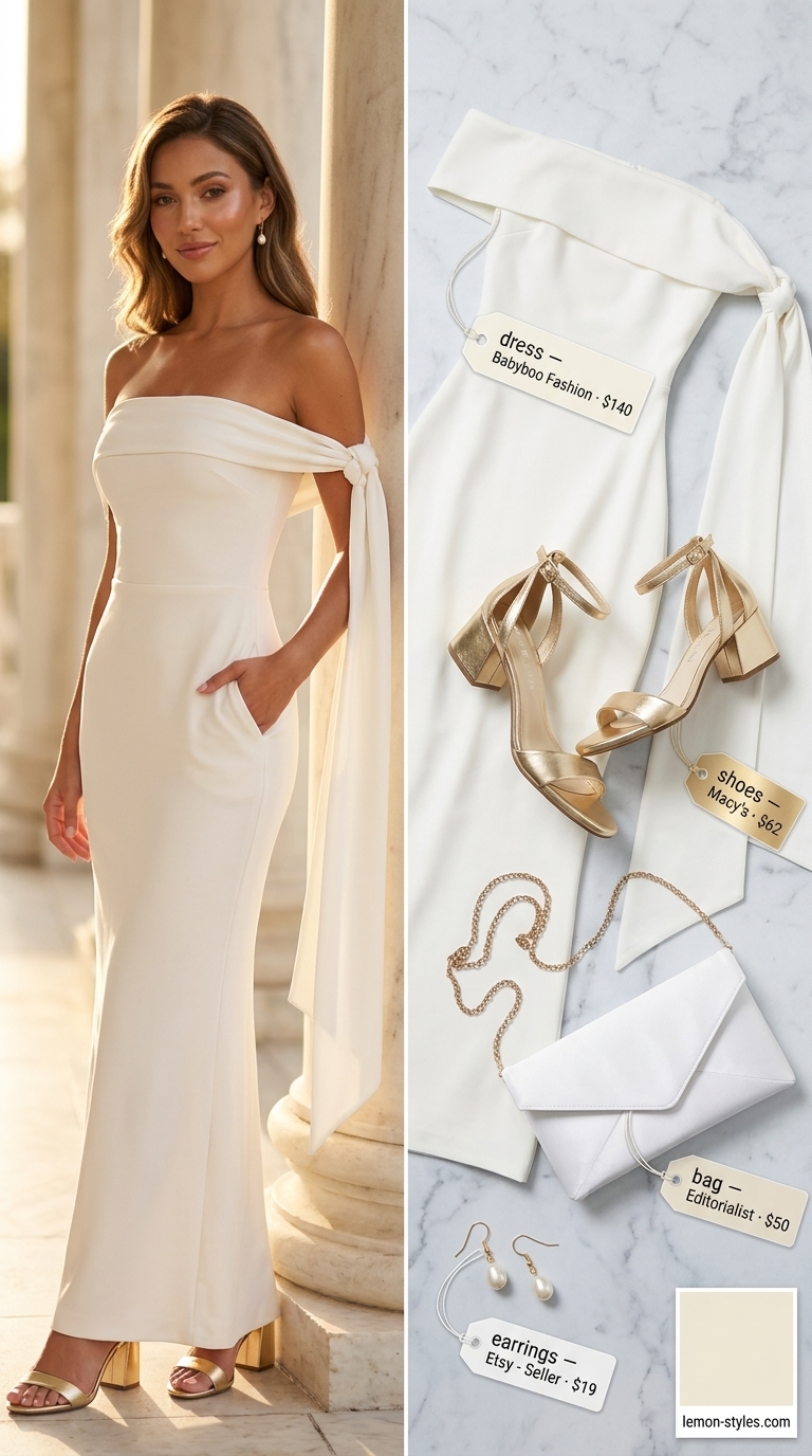 Ethereal evening glam: ivory crepe maxi dress, gold block heels, pearl clutch, pearl earrings. All white summer outfits for women 2026.