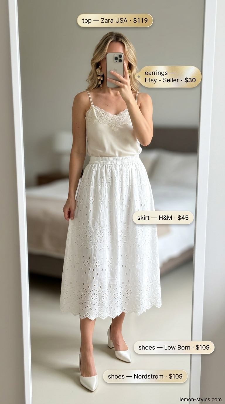 Riviera romance outfit: ivory eyelet skirt, lace camisole, gold earrings, clutch. All white summer outfits for women 2026.