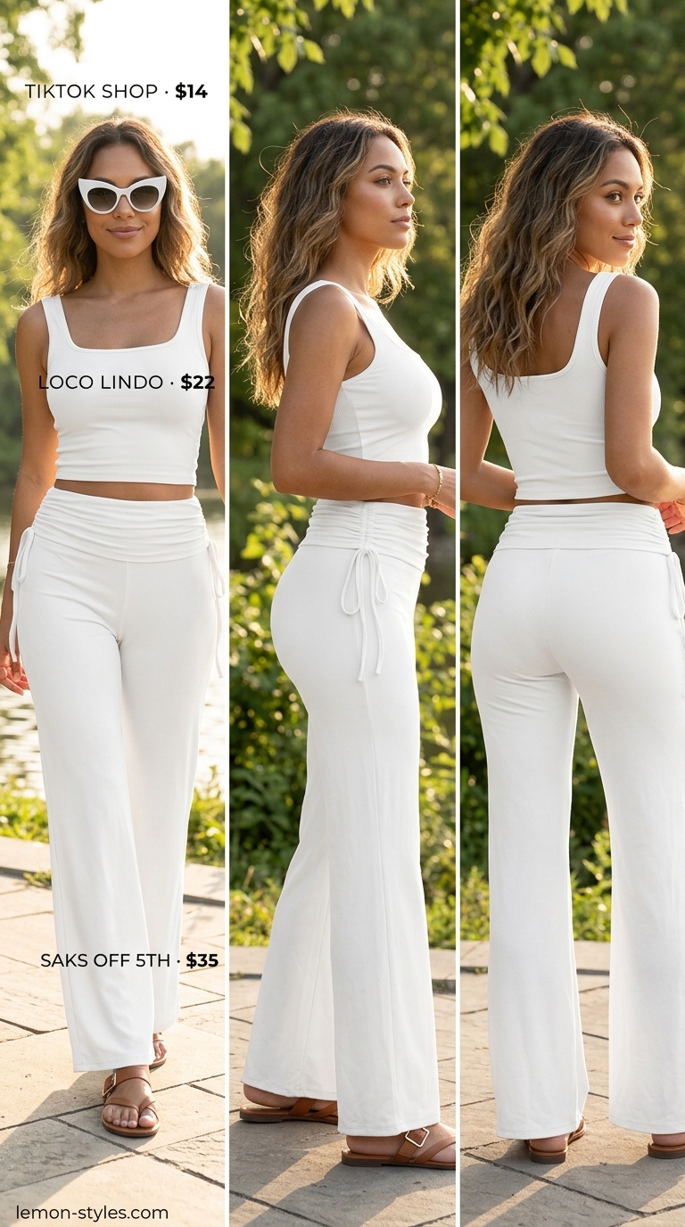 Comfortable all white summer outfits for women 2026: Optic white knit set with tan sandals and straw tote.